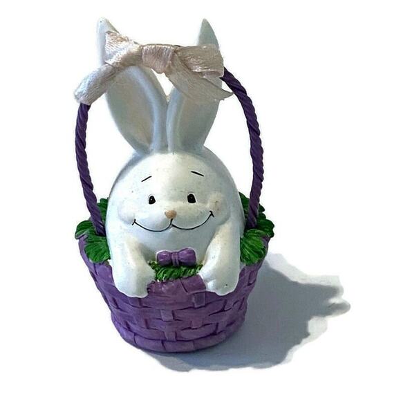 White Bunny Tree Ornament Egg Shaped Painted Purple Easter Basket Rabbit - Picture 1 of 8
